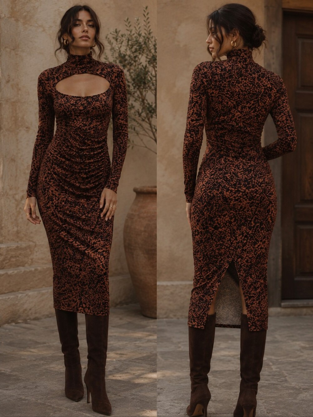 ASTR The Label Abstract Ruched Cutout Midi Dress Brown Bodycon Fall
